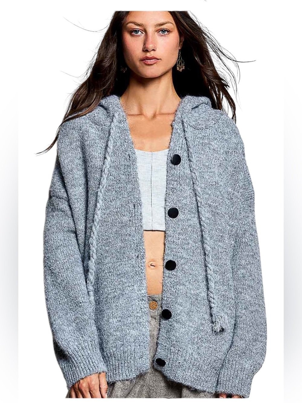 POL Steel Blue Hooded Button Down Cardigan